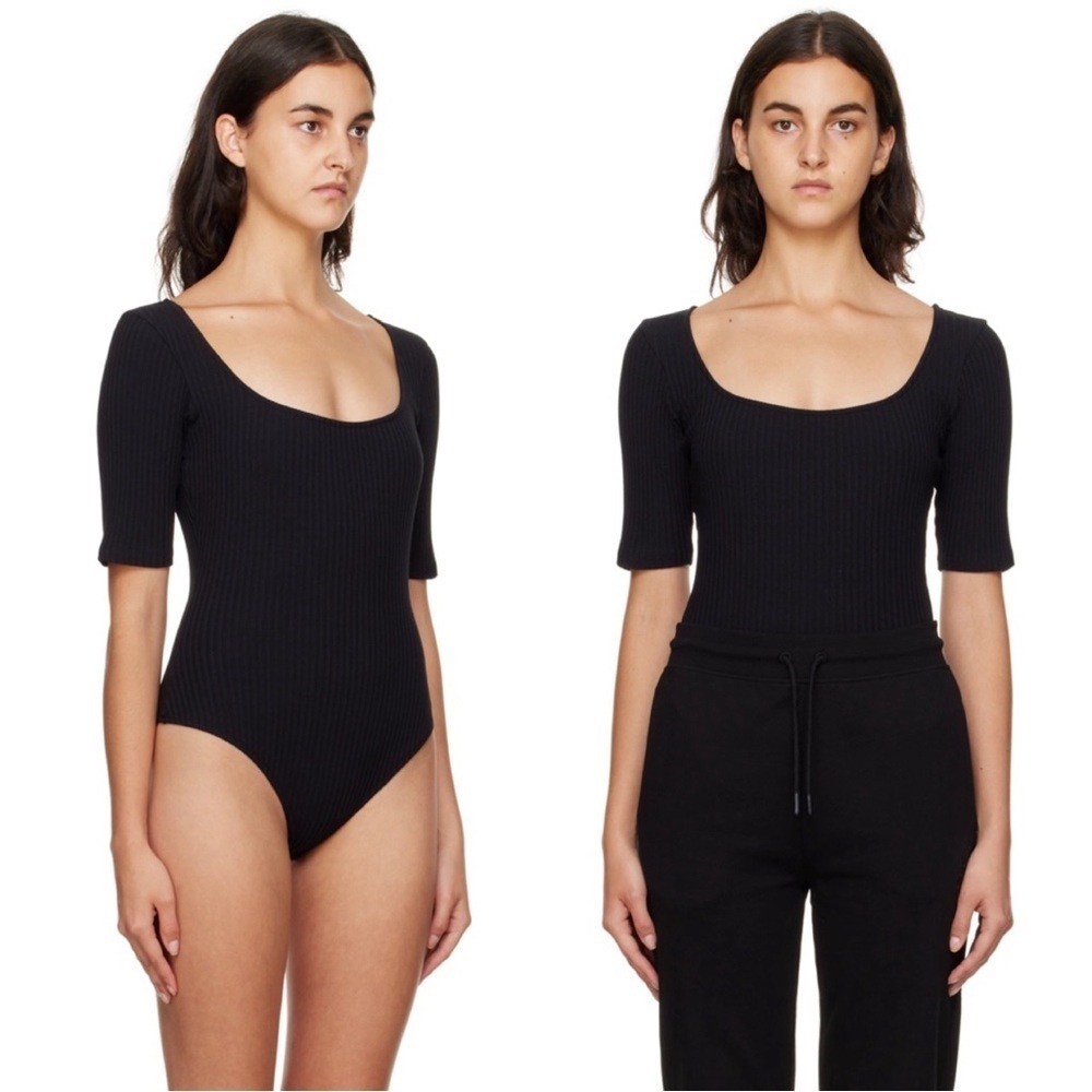HUGO • Narella Bodysuit black square neck ribbed knit short sleeve ballet